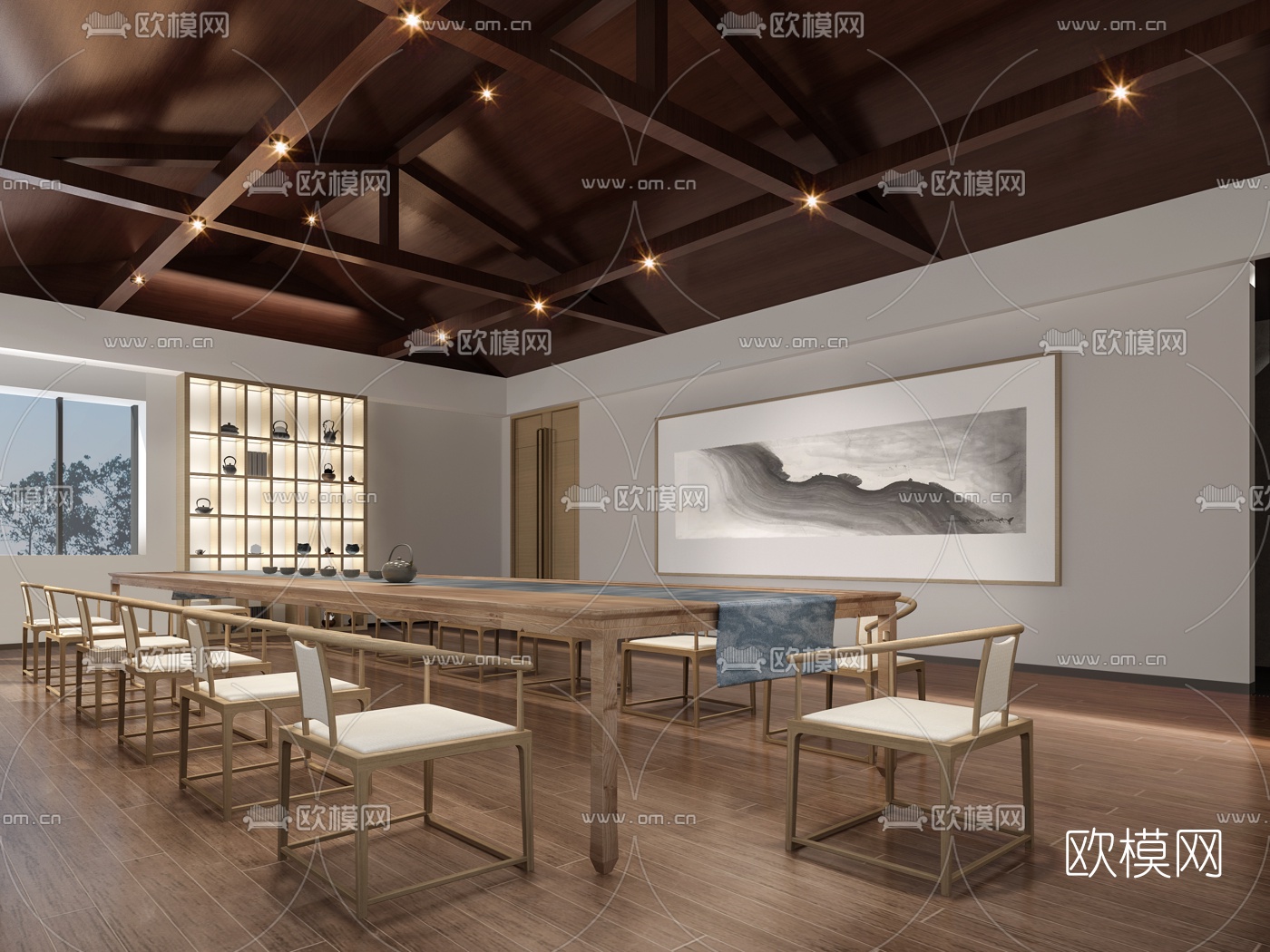 新中式会所茶室走廊免费3d模型下载（渲染图1）