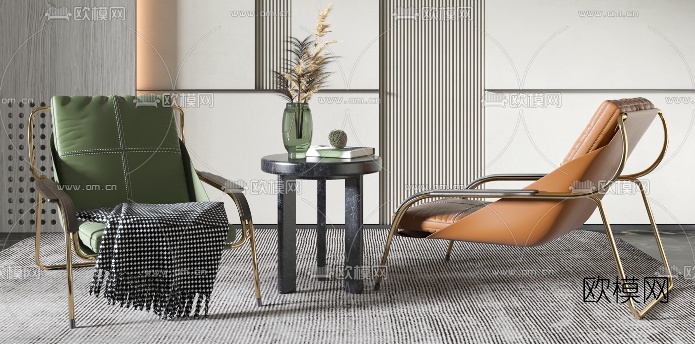 现代皮革休闲躺椅圆几3d模型下载（渲染图2）