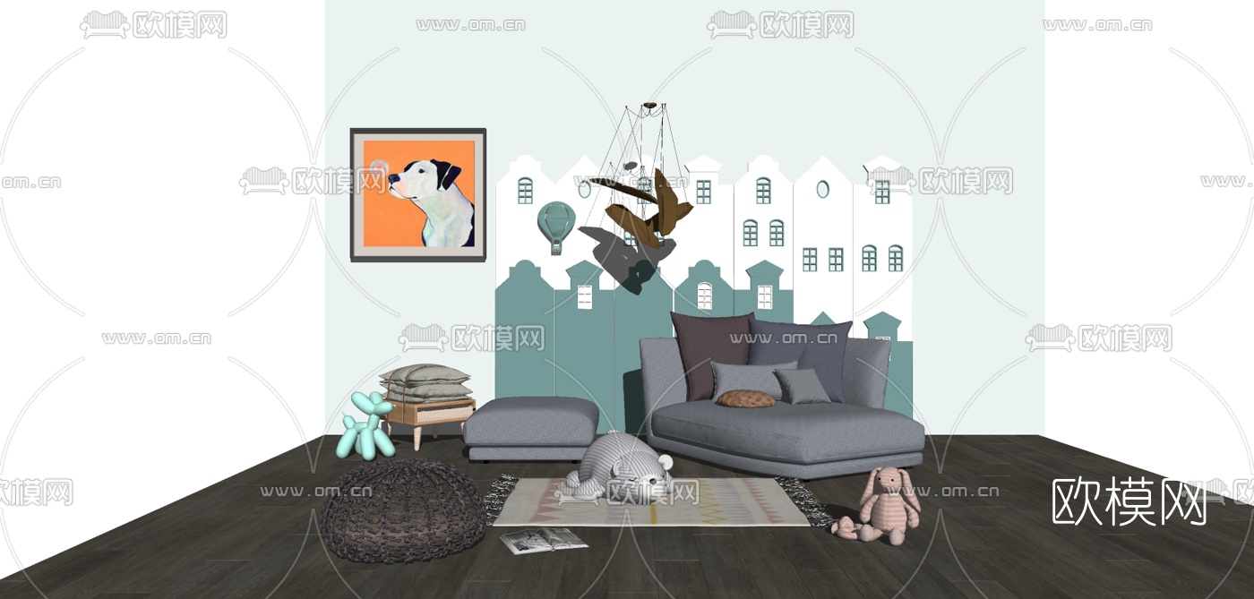 现代儿童房布艺沙发组合su模型下载