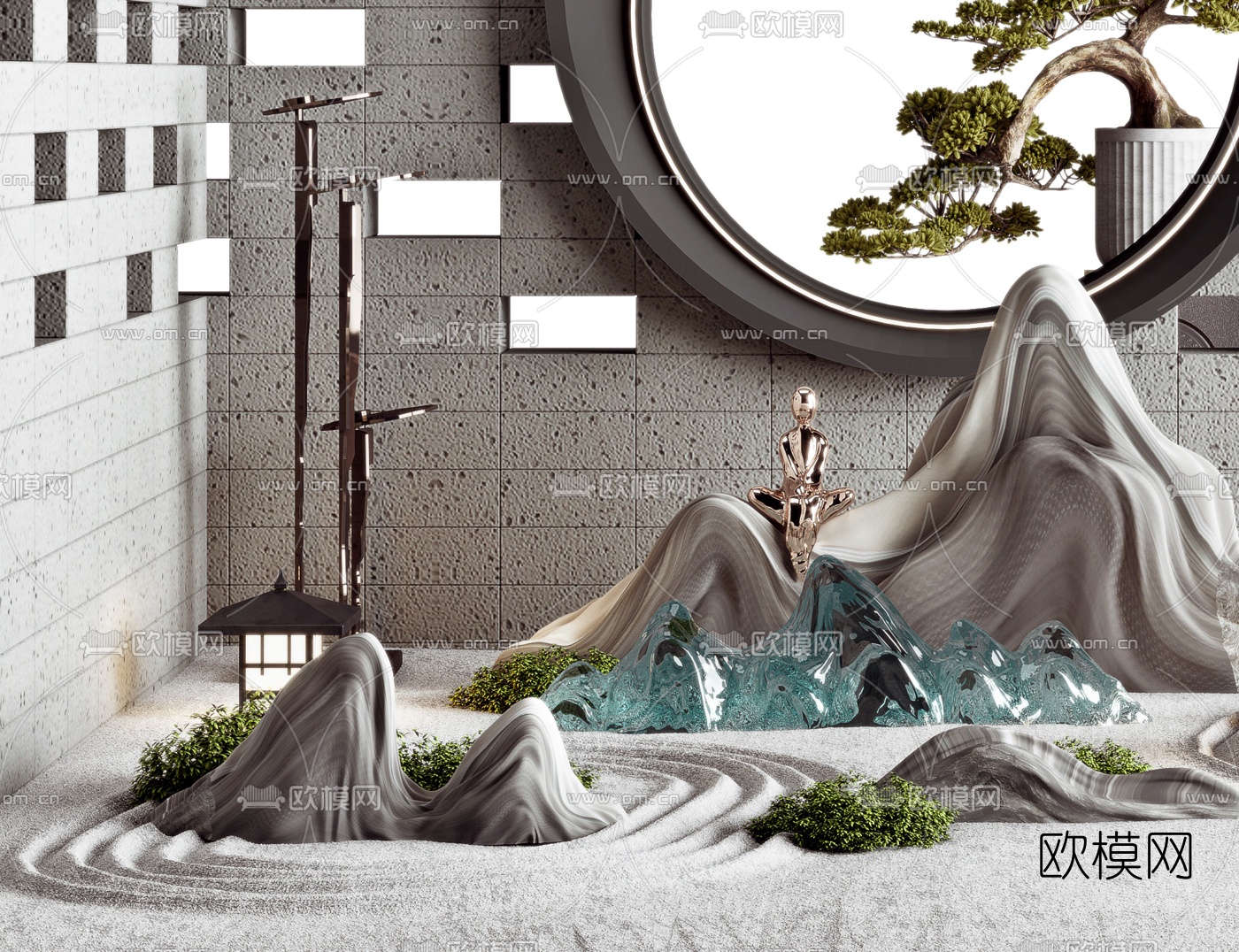 新中式山石树木园艺小品3d模型下载（渲染图3）