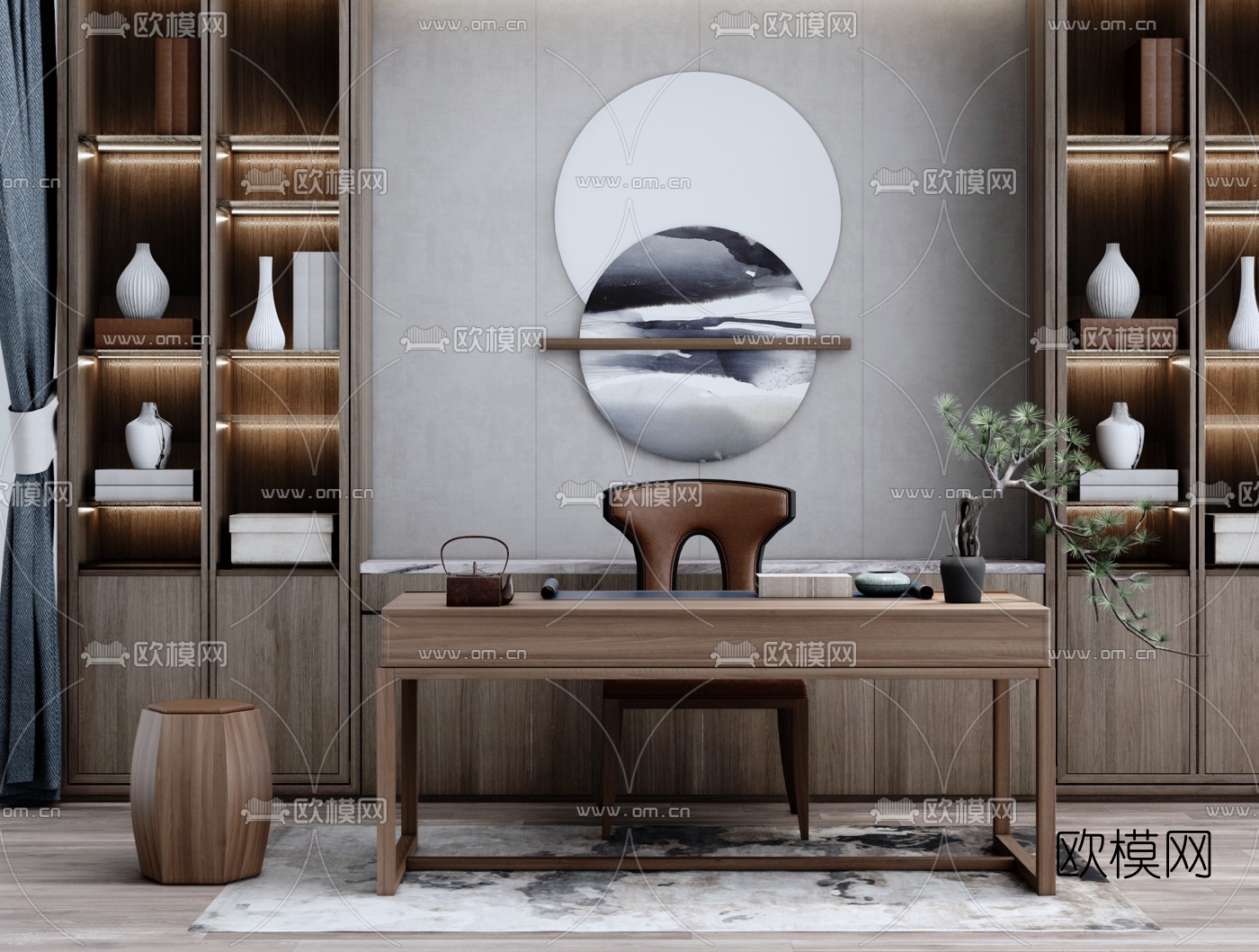 新中式实木书柜书桌椅su模型