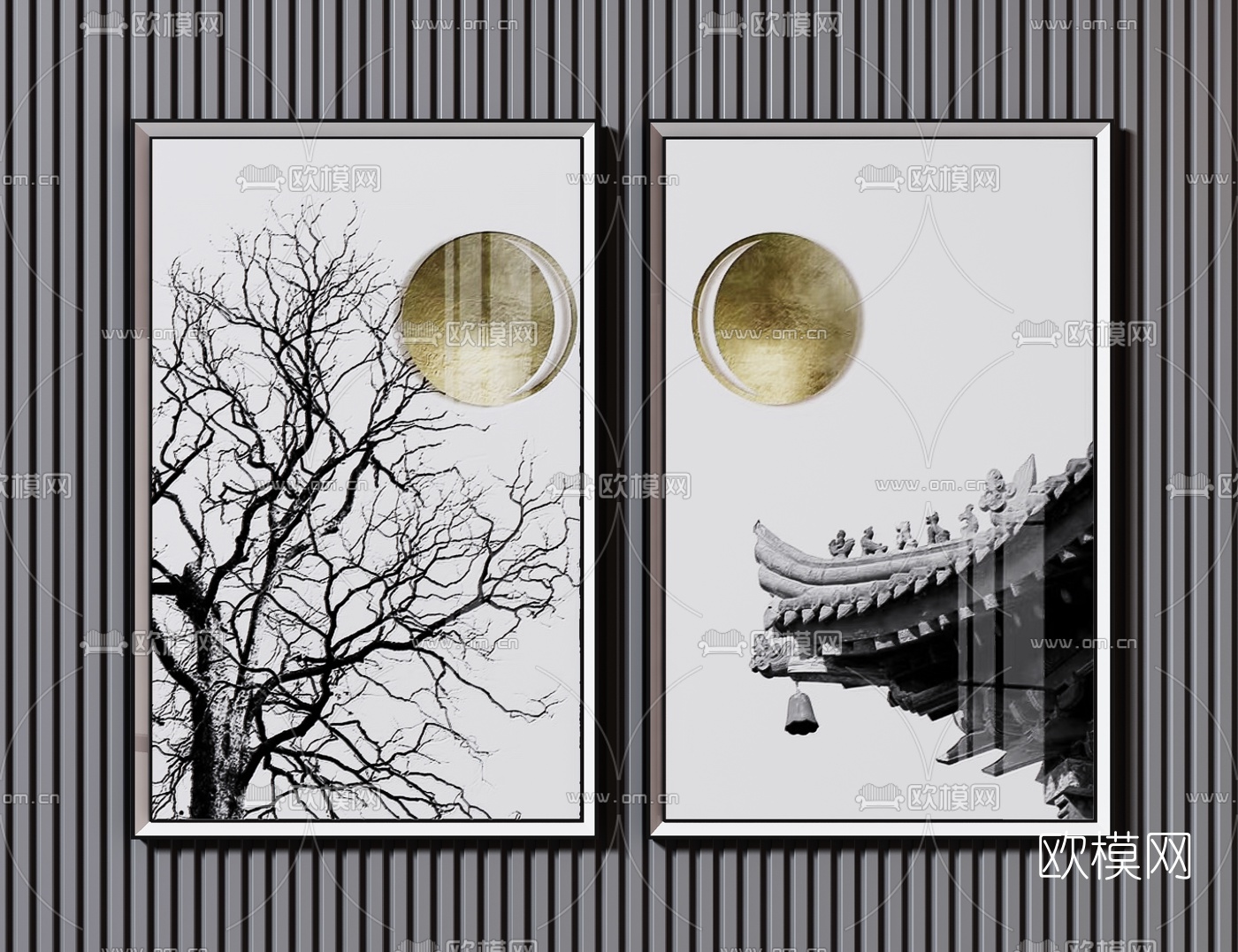 新中式建筑树枝挂画3d模型