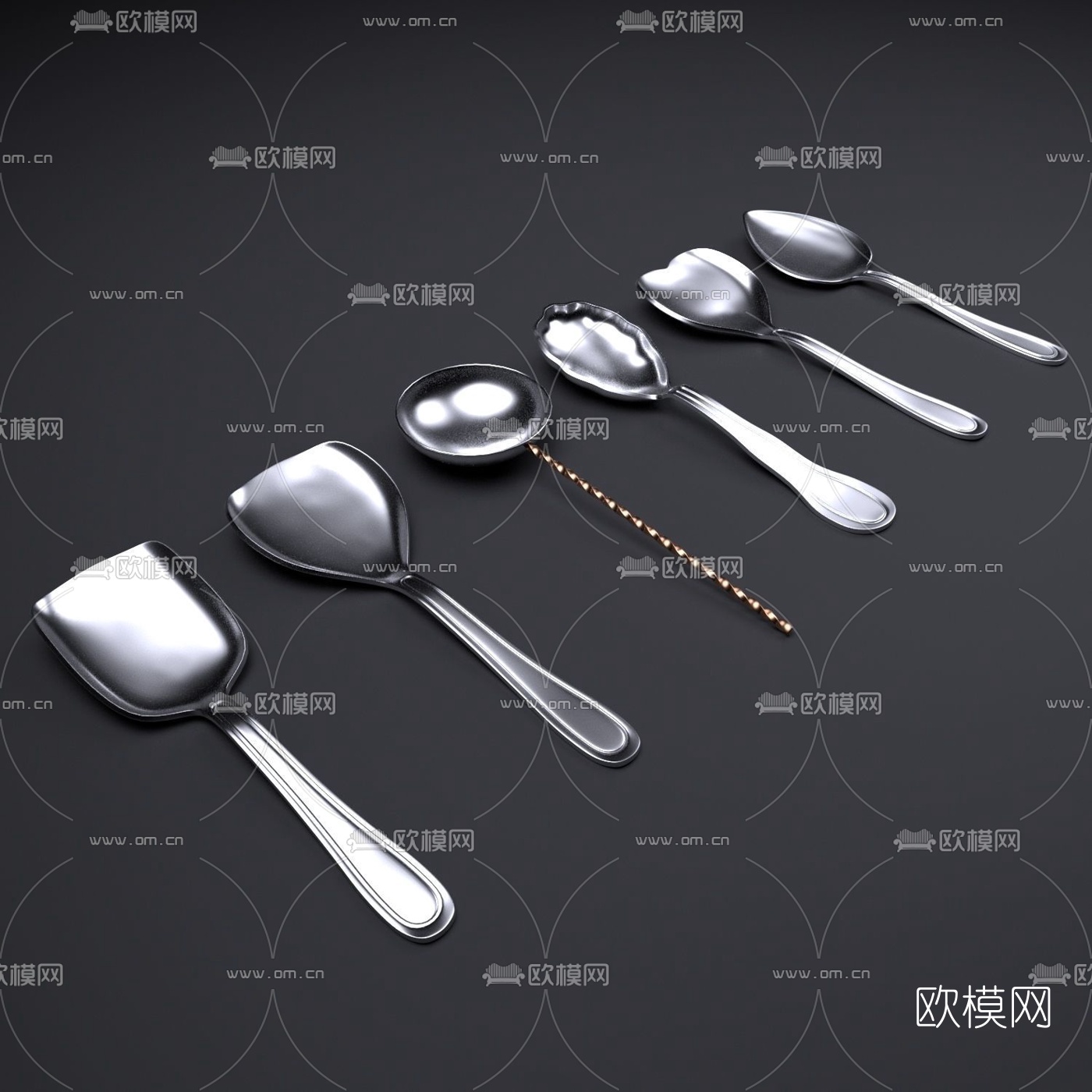 现代金属勺子餐具3d模型下载（渲染图1）