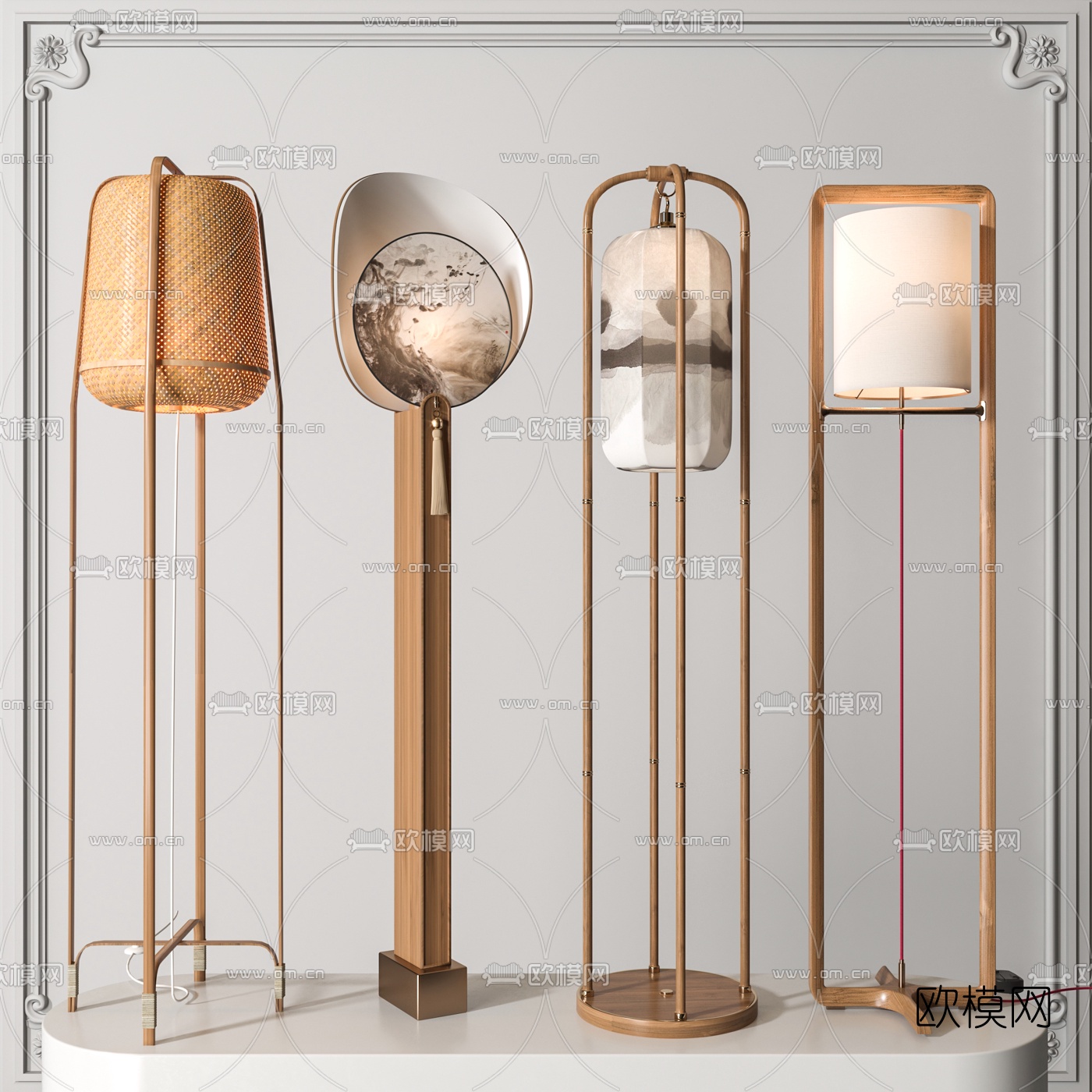 新中式实木落地灯3d模型下载（渲染图1）