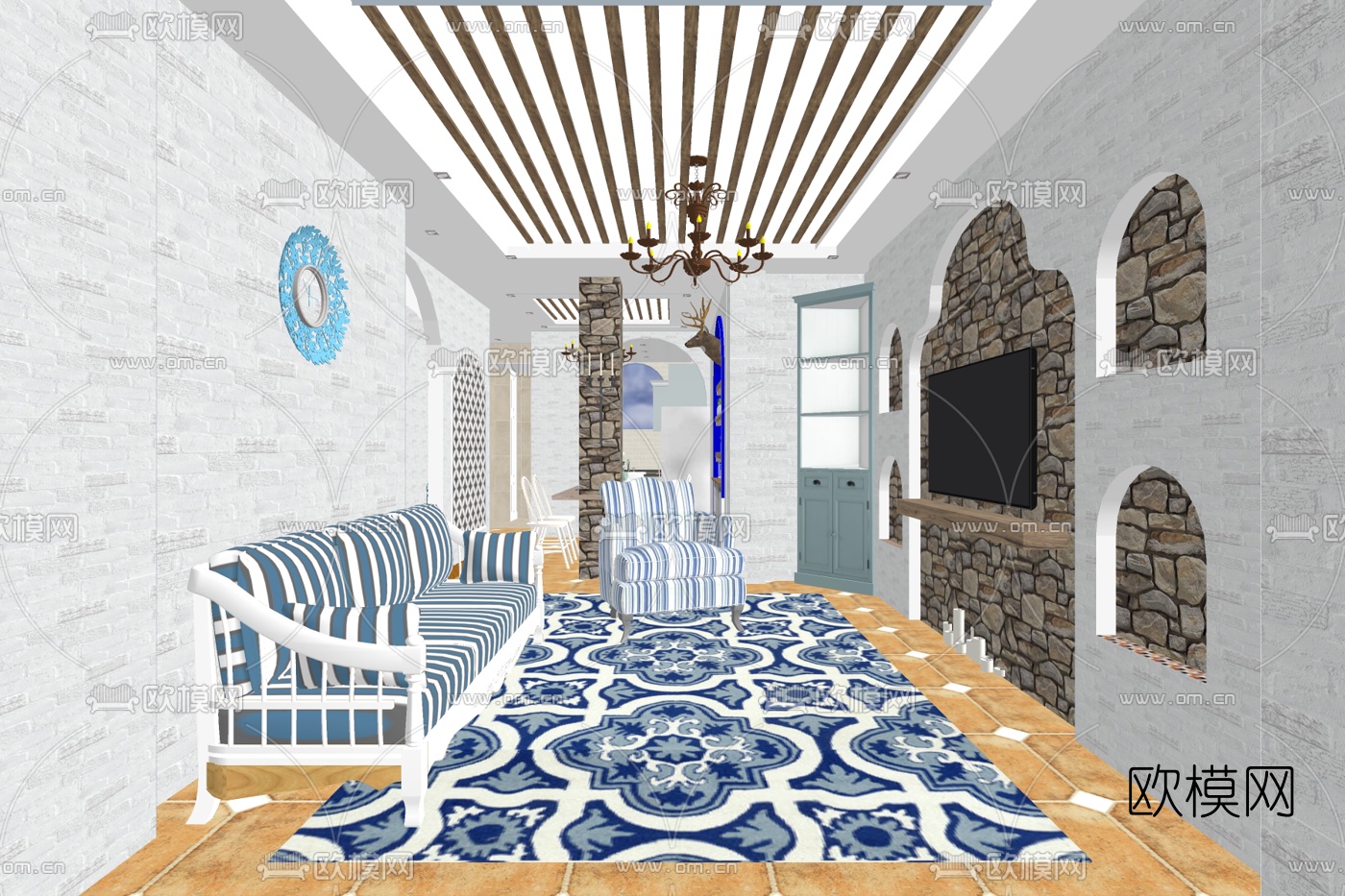 地中海简约客厅免费su模型下载