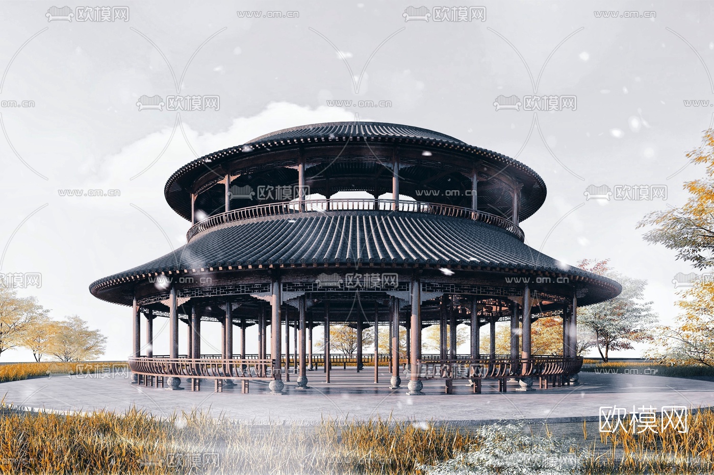 中式古建圆形回廊3d模型下载（渲染图1）