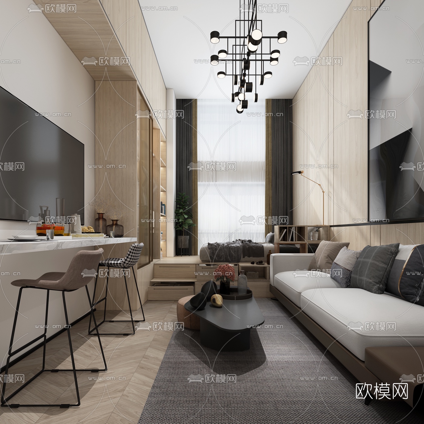 现代简约单身公寓3d模型下载（渲染图2）