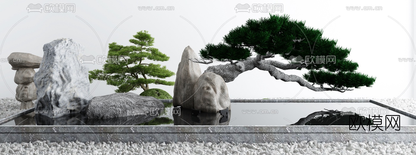 新中式松树水池小品3d模型