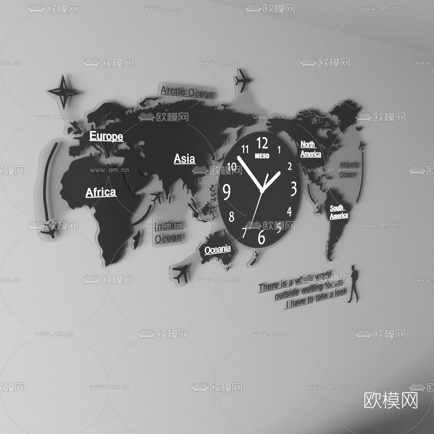 现代世界地图挂钟挂件3d模型下载（渲染图3）