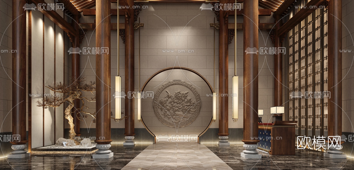 中式酒店中庭3d模型