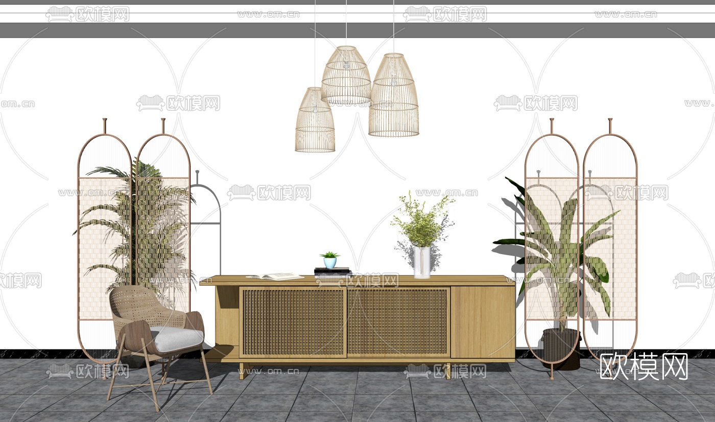 新中式民宿电视柜su模型下载