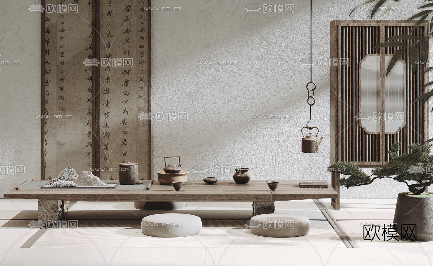 新中式实木榻榻米茶桌椅3d模型