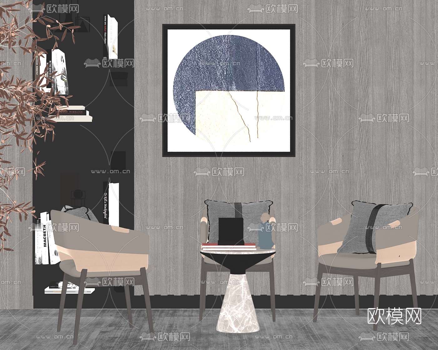 新中式布艺休闲椅su模型下载（渲染图2）