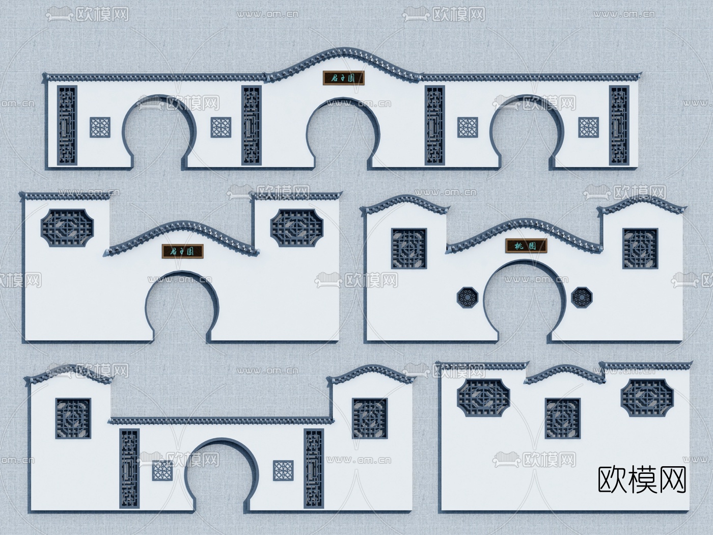 新中式月洞门围墙3d模型下载