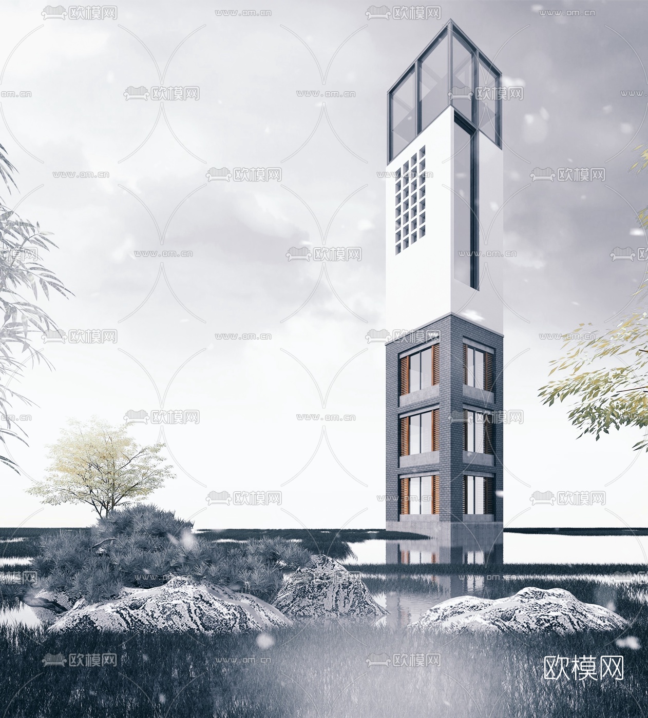 新中式观景台观景塔3d模型