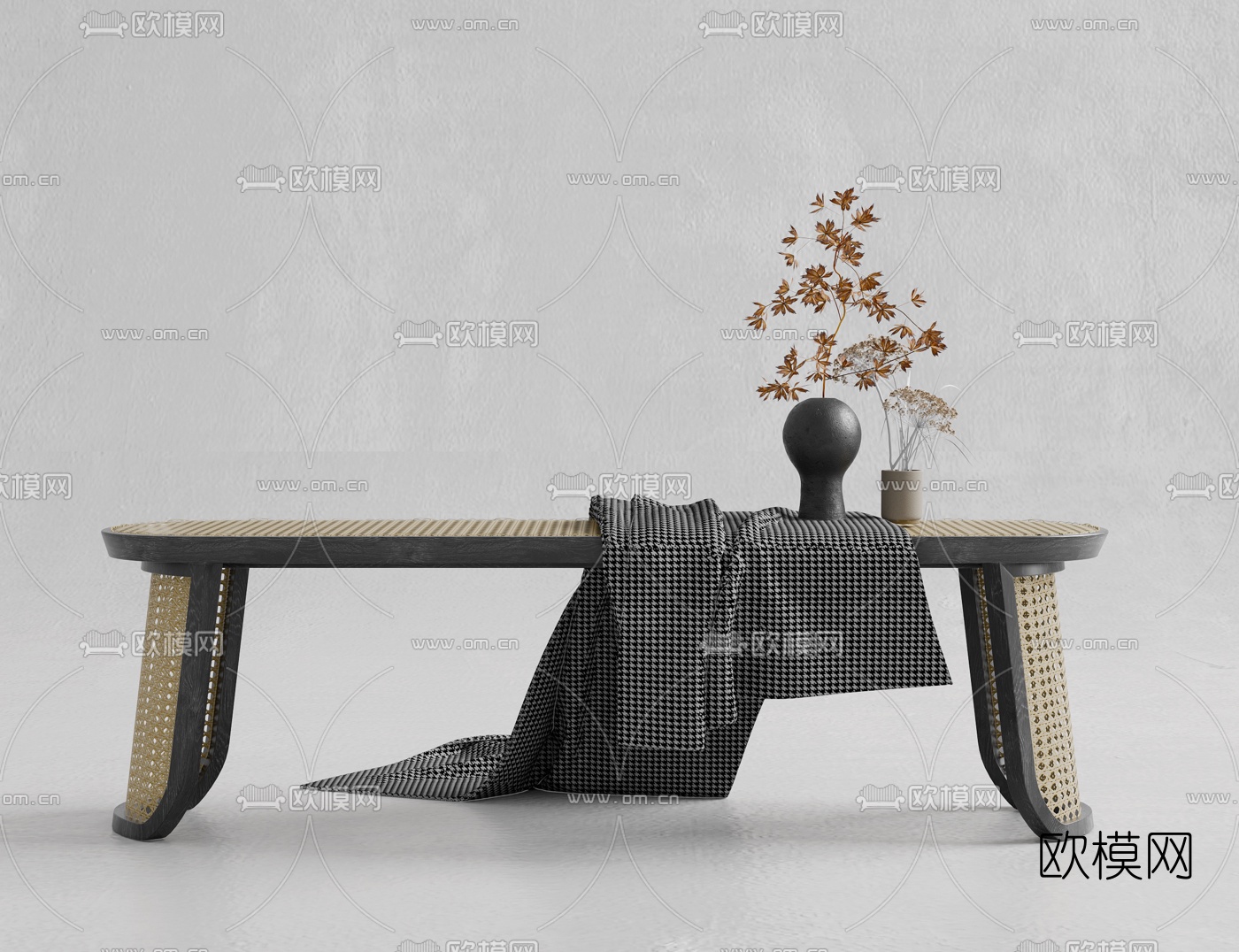 现代藤编床尾凳脚踏3d模型下载（渲染图3）