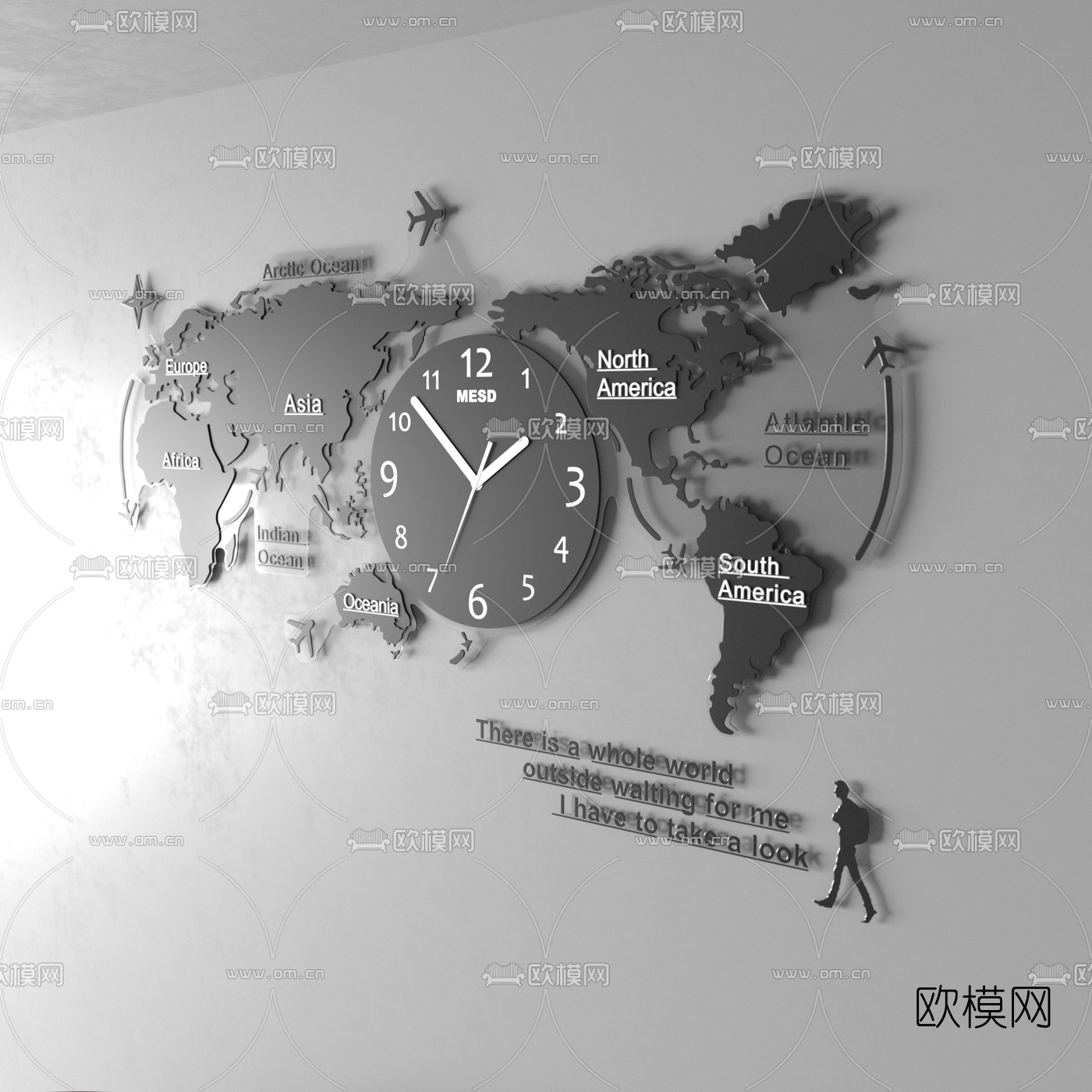 现代世界地图挂钟挂件3d模型下载（渲染图2）