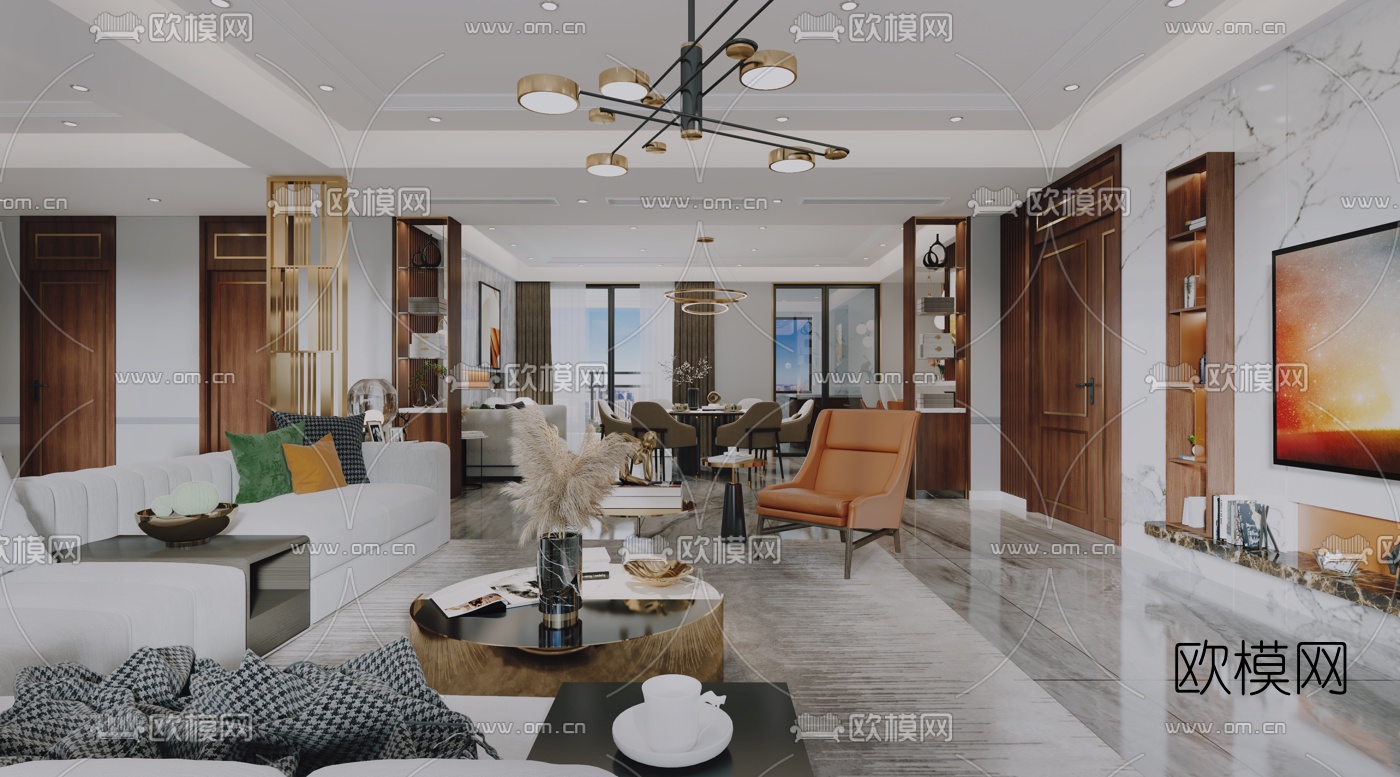 现代轻奢客厅餐厅3d模型下载（渲染图1）
