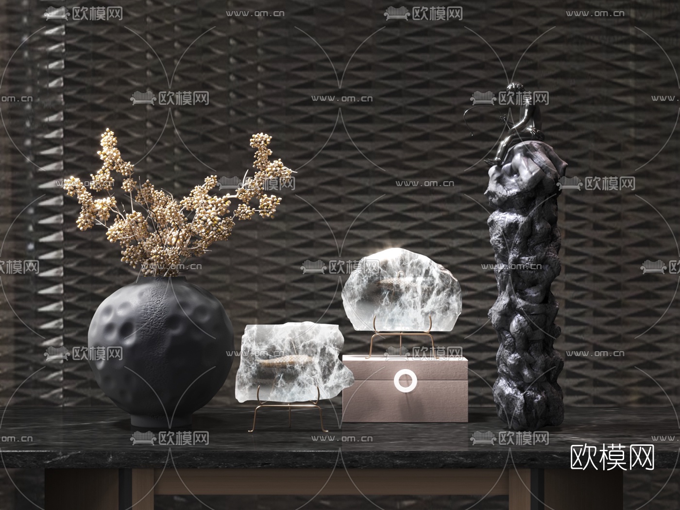 和唐品牌 新中式干花玉石摆件3d模型下载