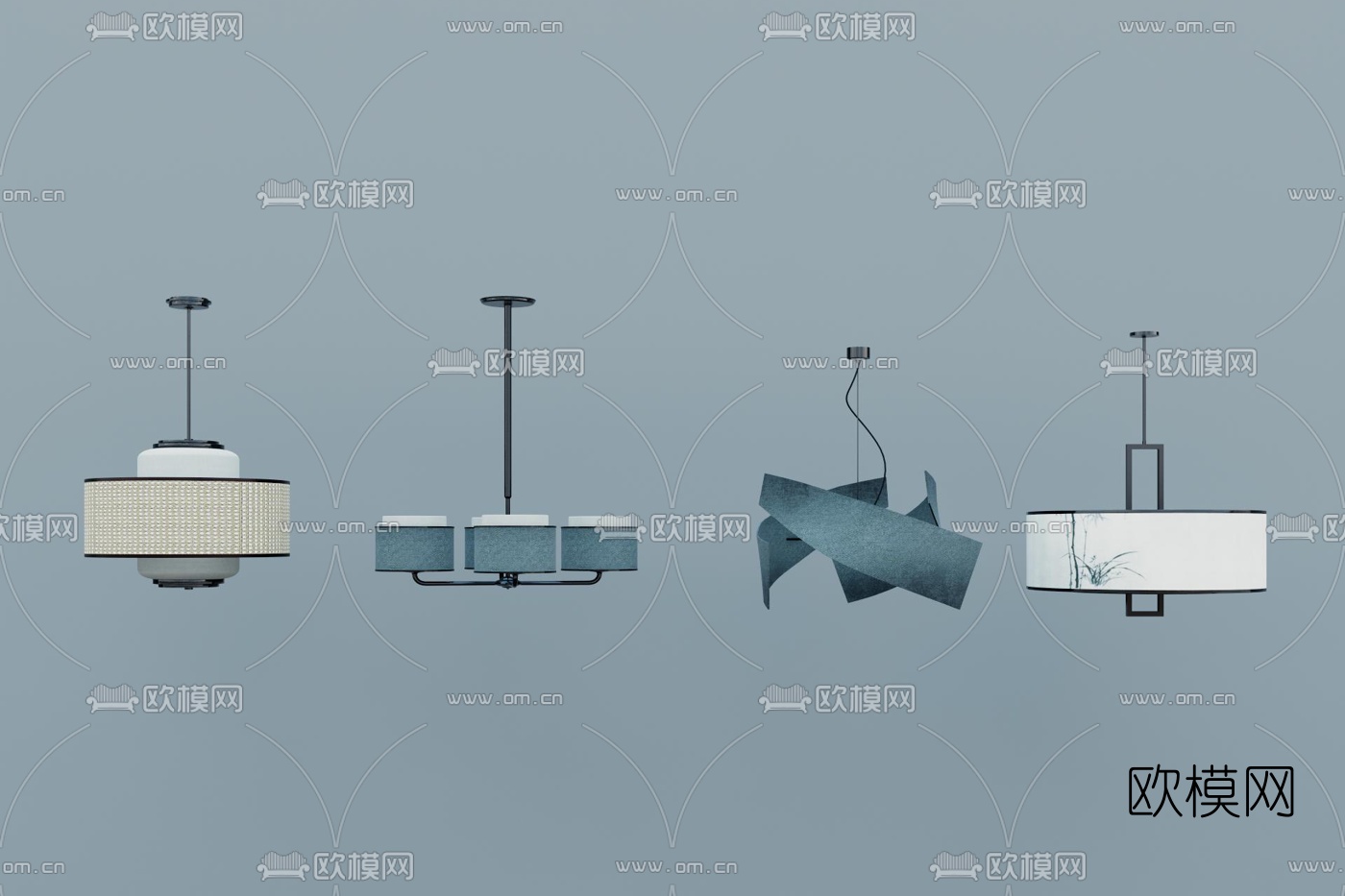 新中式藤编布艺吊灯su模型下载（渲染图1）