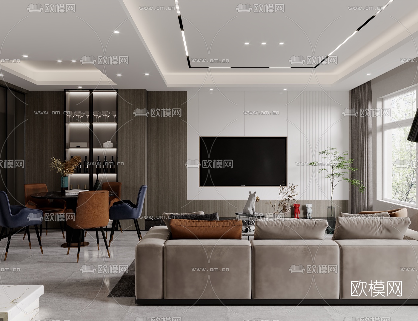 现代复式客厅餐厅3d模型
