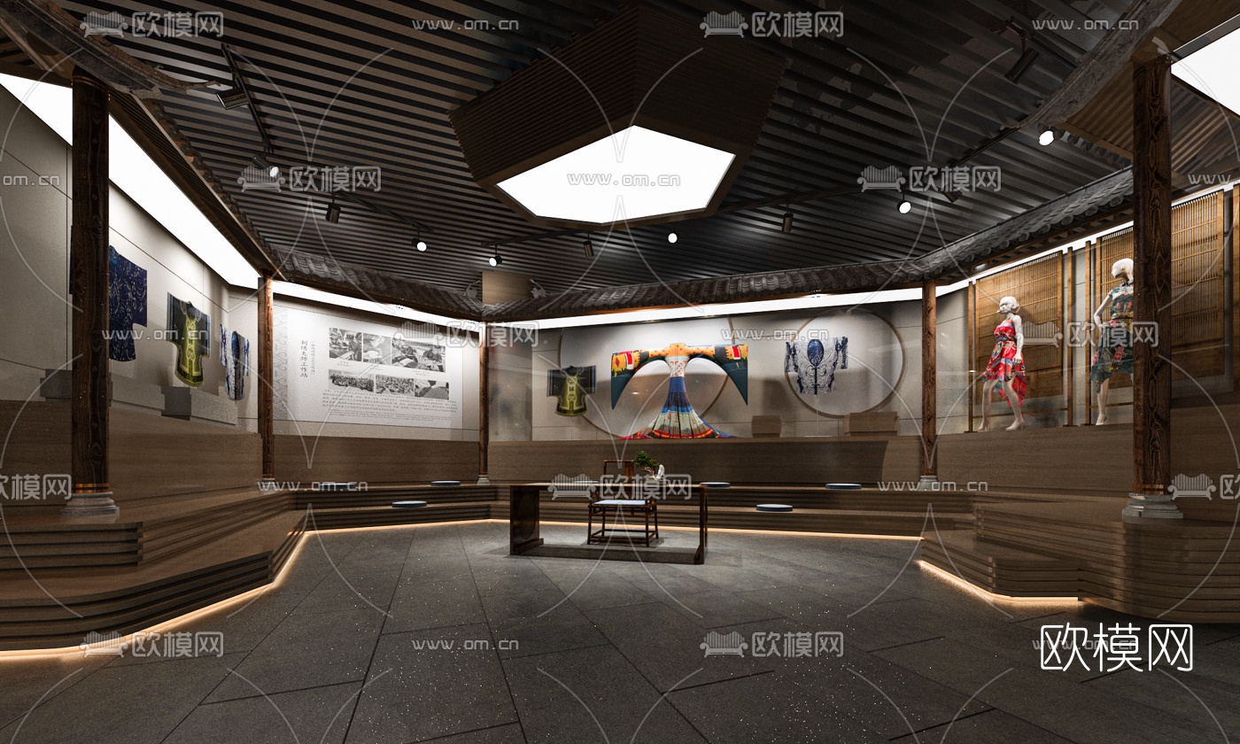 新中式印染布展厅su模型下载（渲染图1）