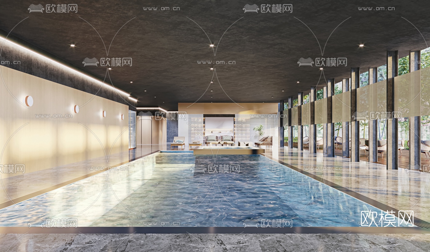 现代会所泳池休闲区3d模型下载（渲染图1）