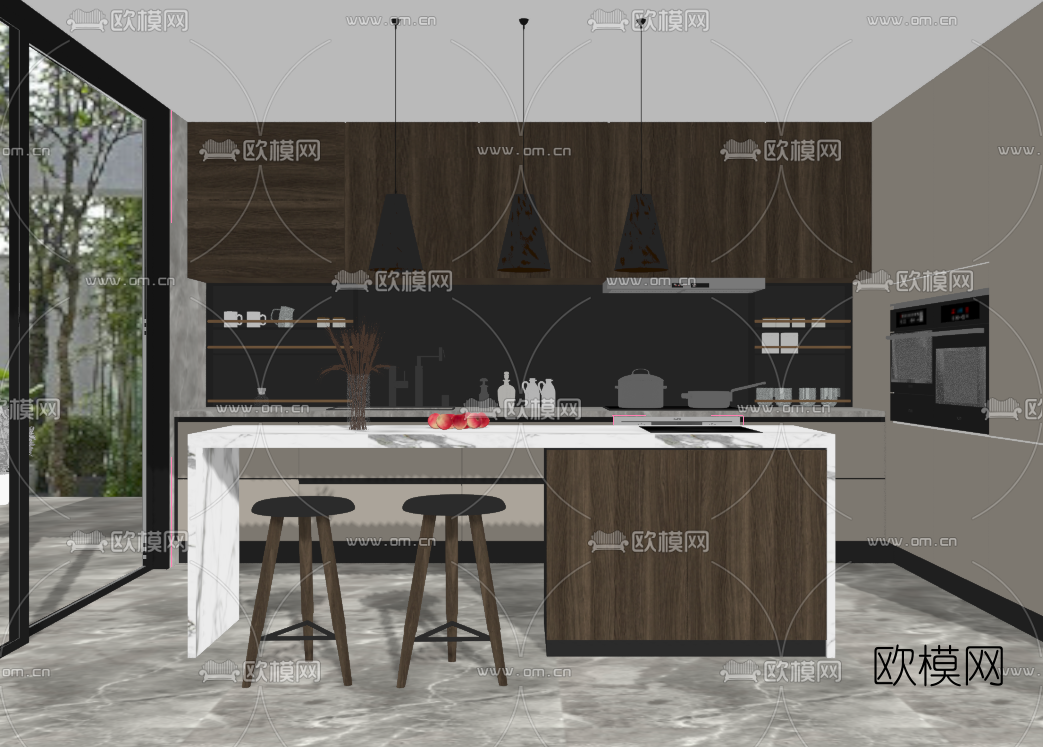 现代开放式厨房su模型下载（渲染图2）