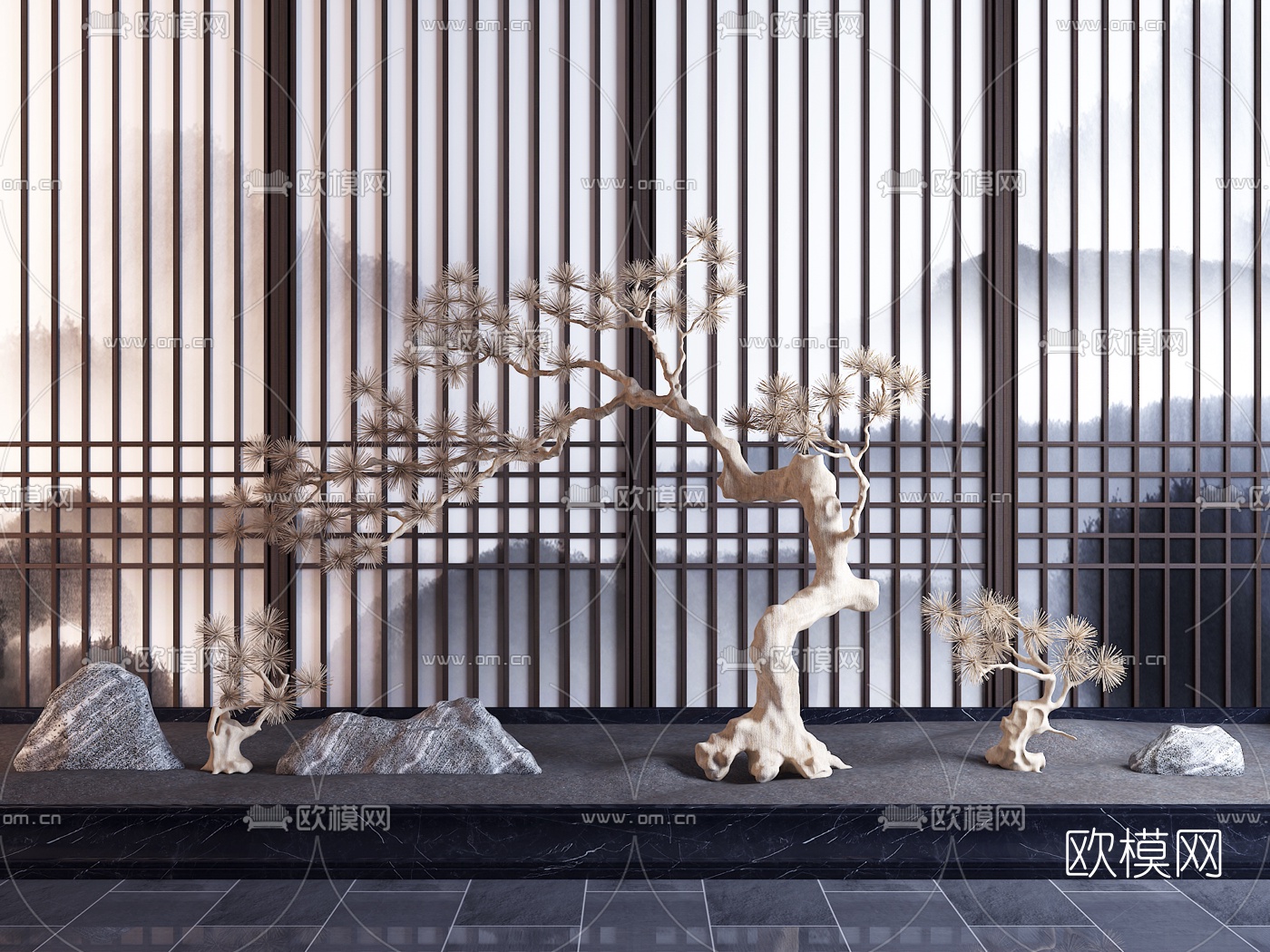 新中式假山松树园艺小品3d模型