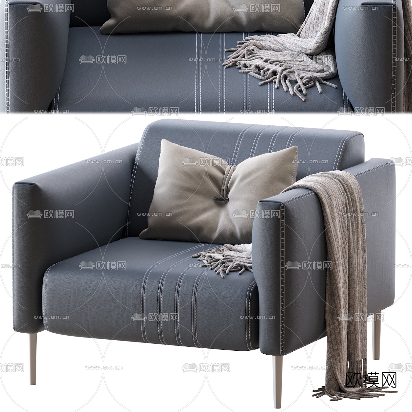 现代皮革单人沙发3d模型下载（渲染图1）