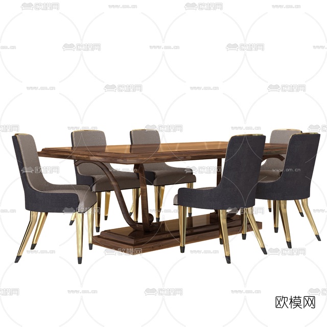 简欧实木布艺餐桌椅免费3d模型下载