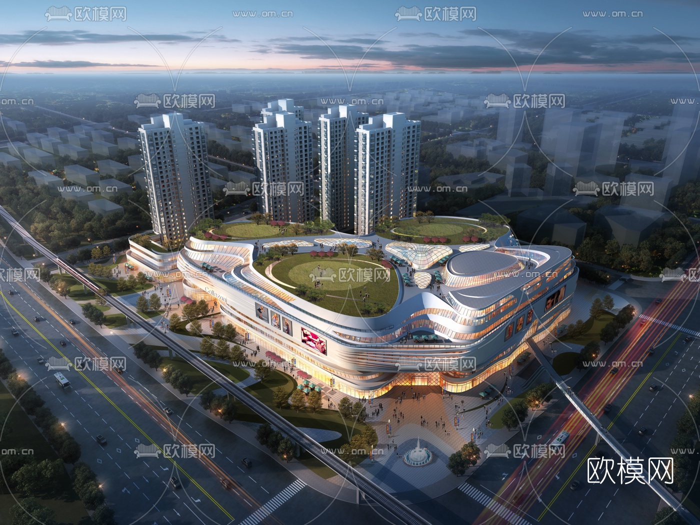 现代商业广场鸟瞰夜景3d模型-免费3dmax模型库-欧模网
