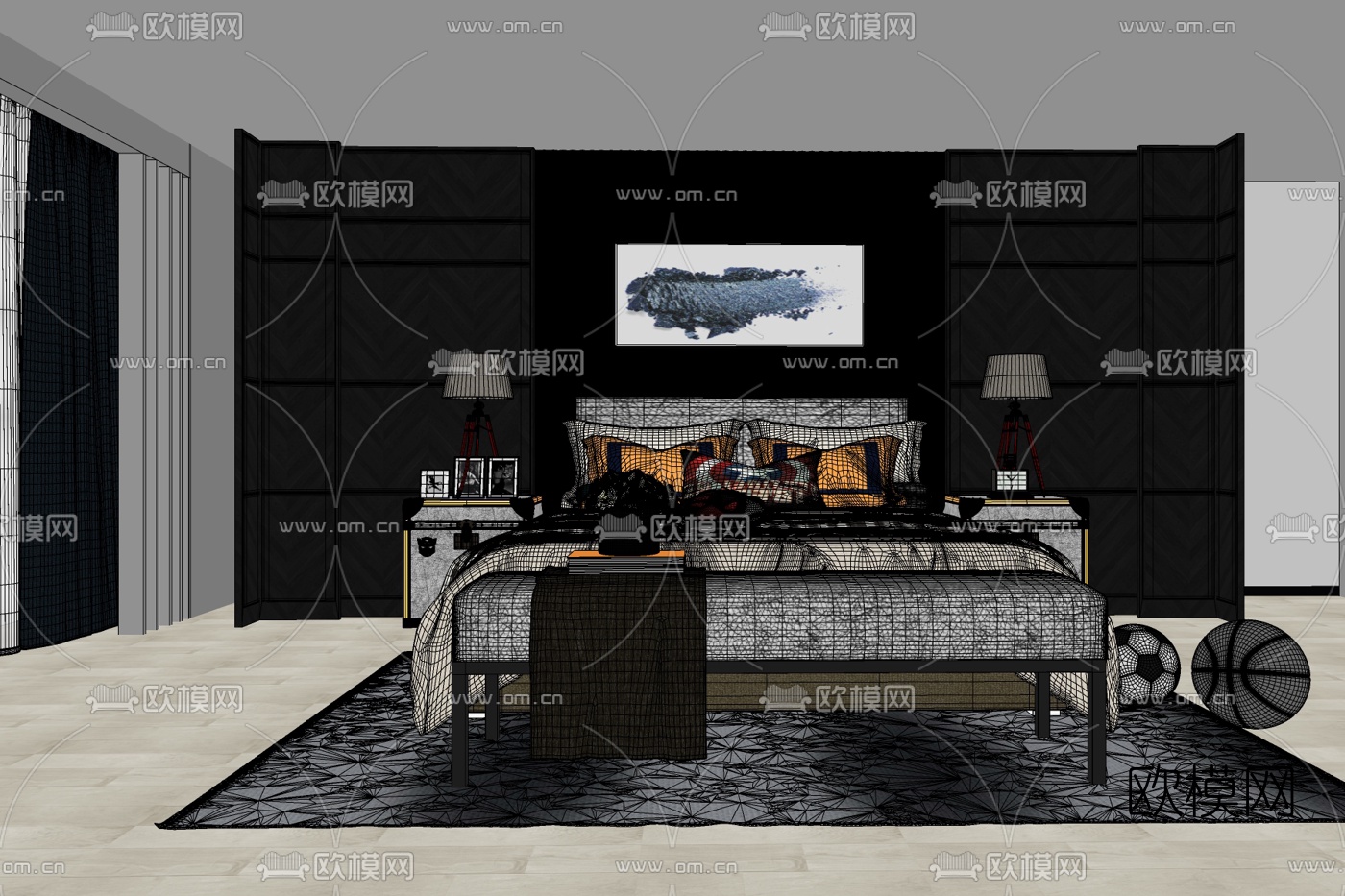 现代布艺双人床免费su模型下载