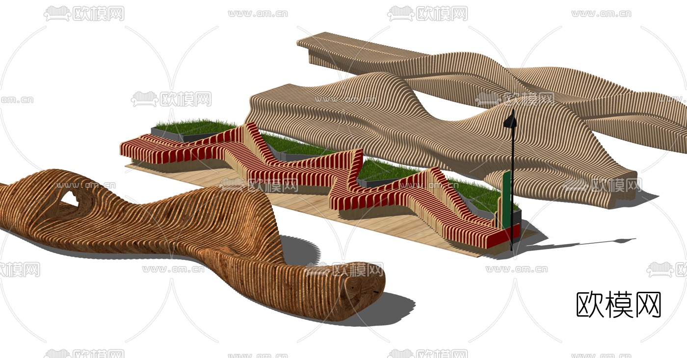 现代异形木条公共休息座椅su模型下载（渲染图2）