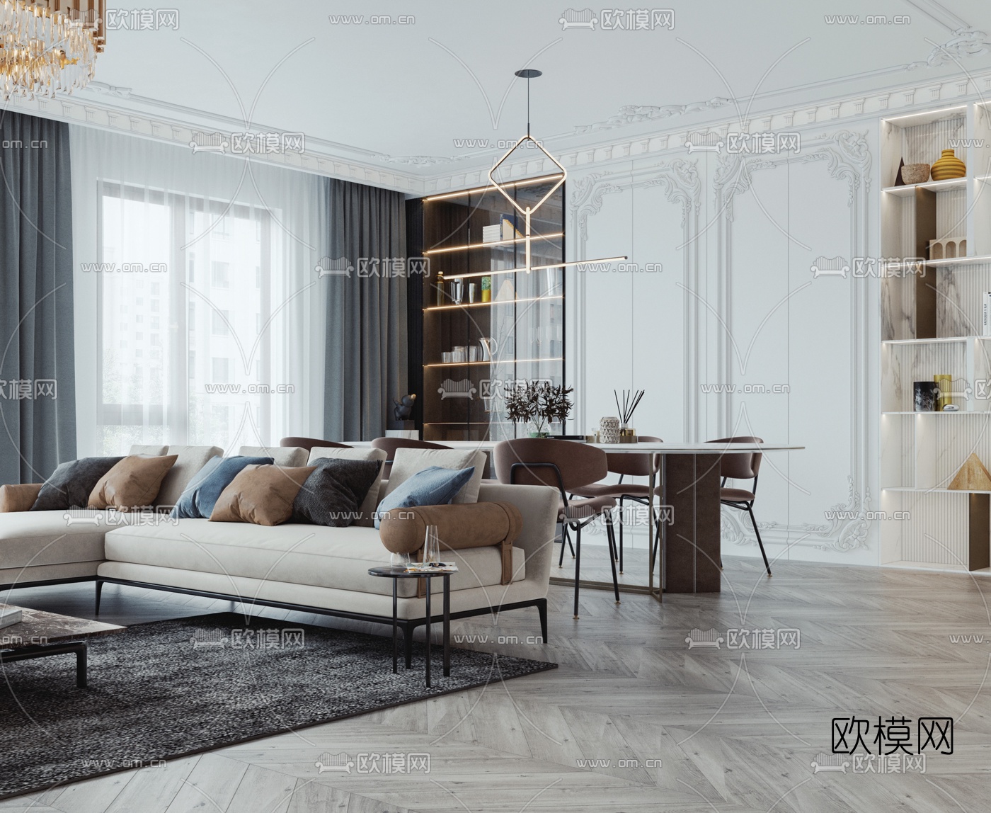 简欧客厅餐厅3d模型下载（渲染图1）