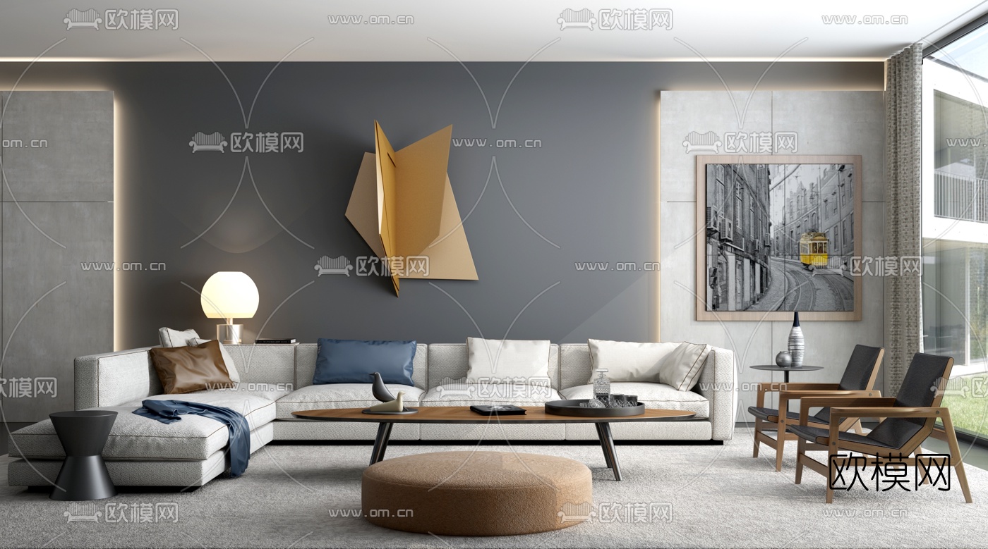 北欧布艺转角沙发组合3d模型下载