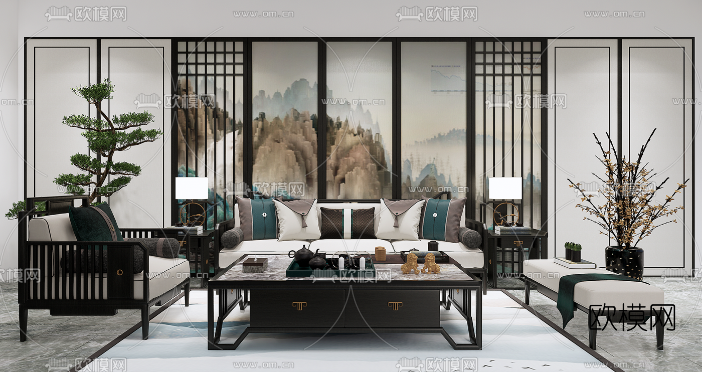 新中式实木组合沙发su模型下载（渲染图1）