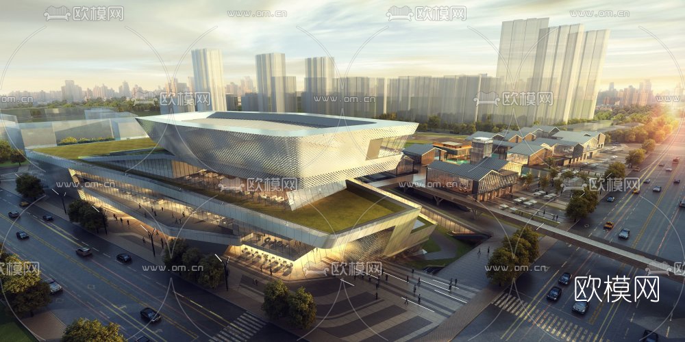 现代商业街建筑景观su模型下载（渲染图1）