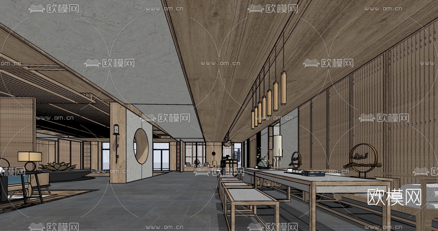 新中式度假酒店大厅su模型下载（渲染图4）