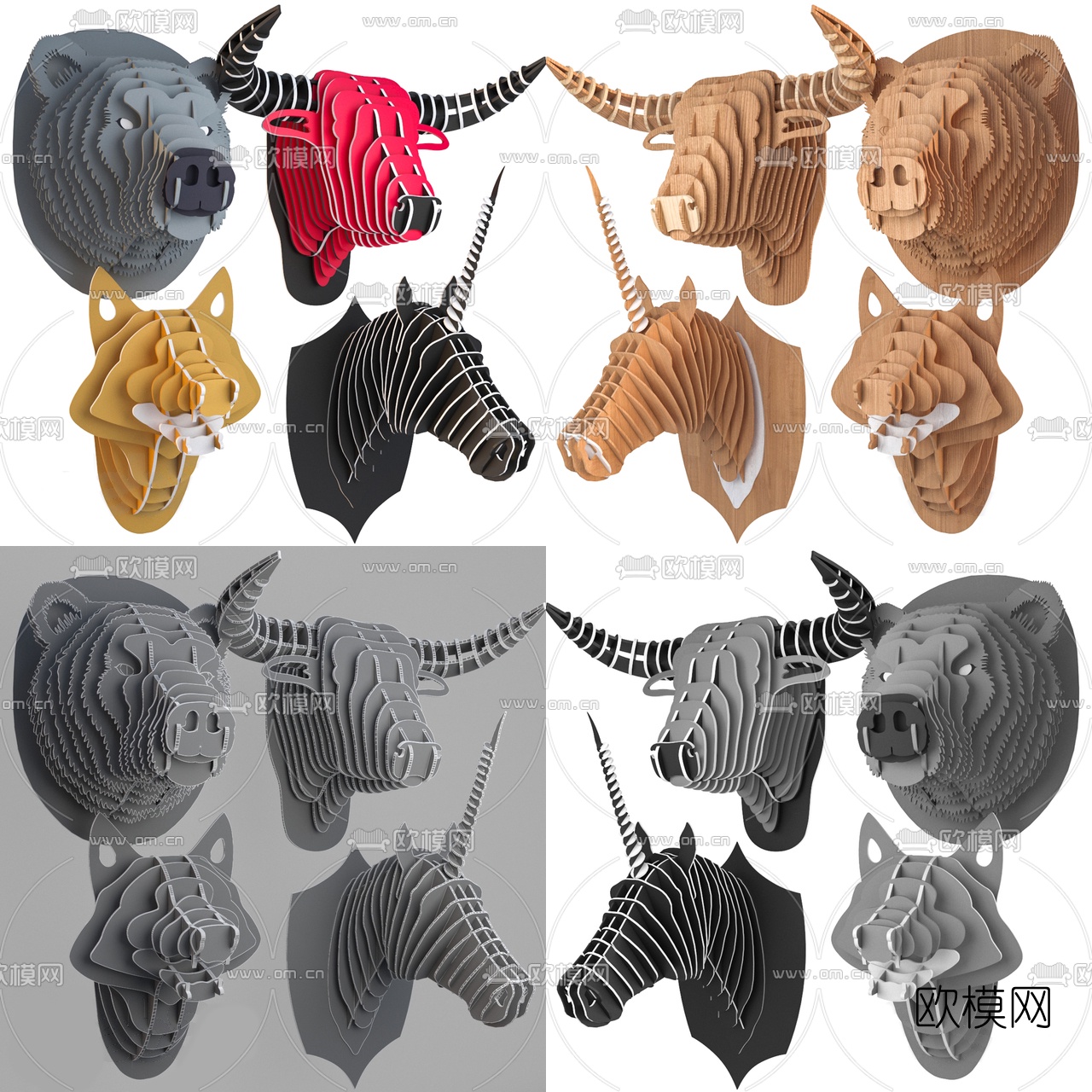 北欧公牛熊老虎头部挂件3d模型下载