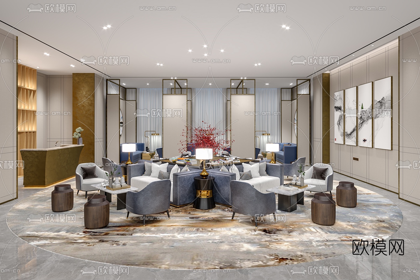 新中式售楼处洽谈区3d模型下载