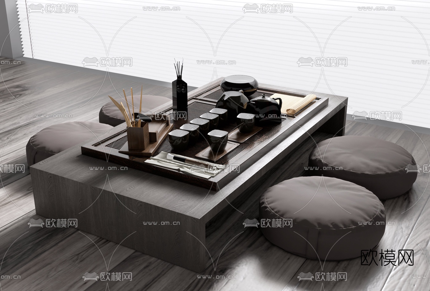 新中式榻榻米茶桌椅su模型下载（渲染图1）