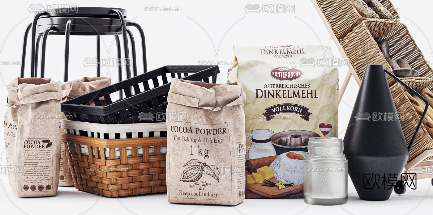 现代面粉面包竹篮3d模型下载（渲染图2）