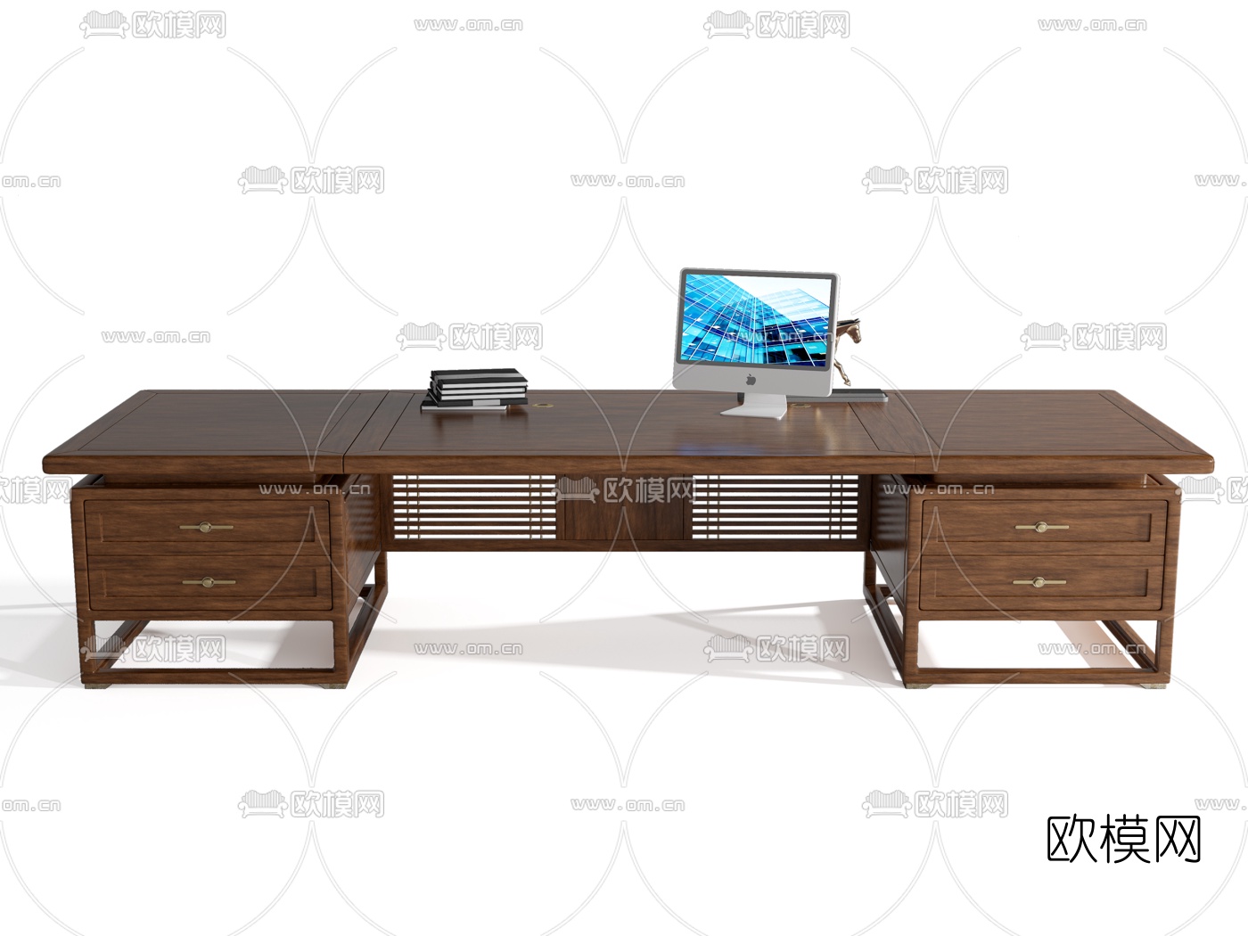 新中式实木博古架装饰柜书桌3d模型下载（渲染图3）