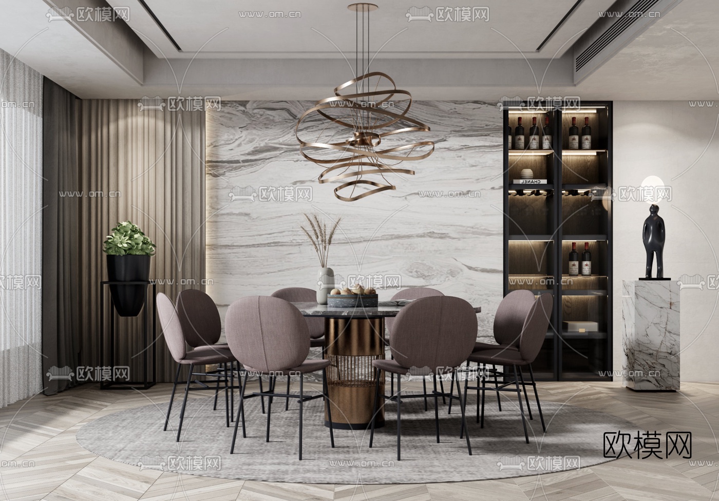 现代圆桌大理石餐桌椅su模型