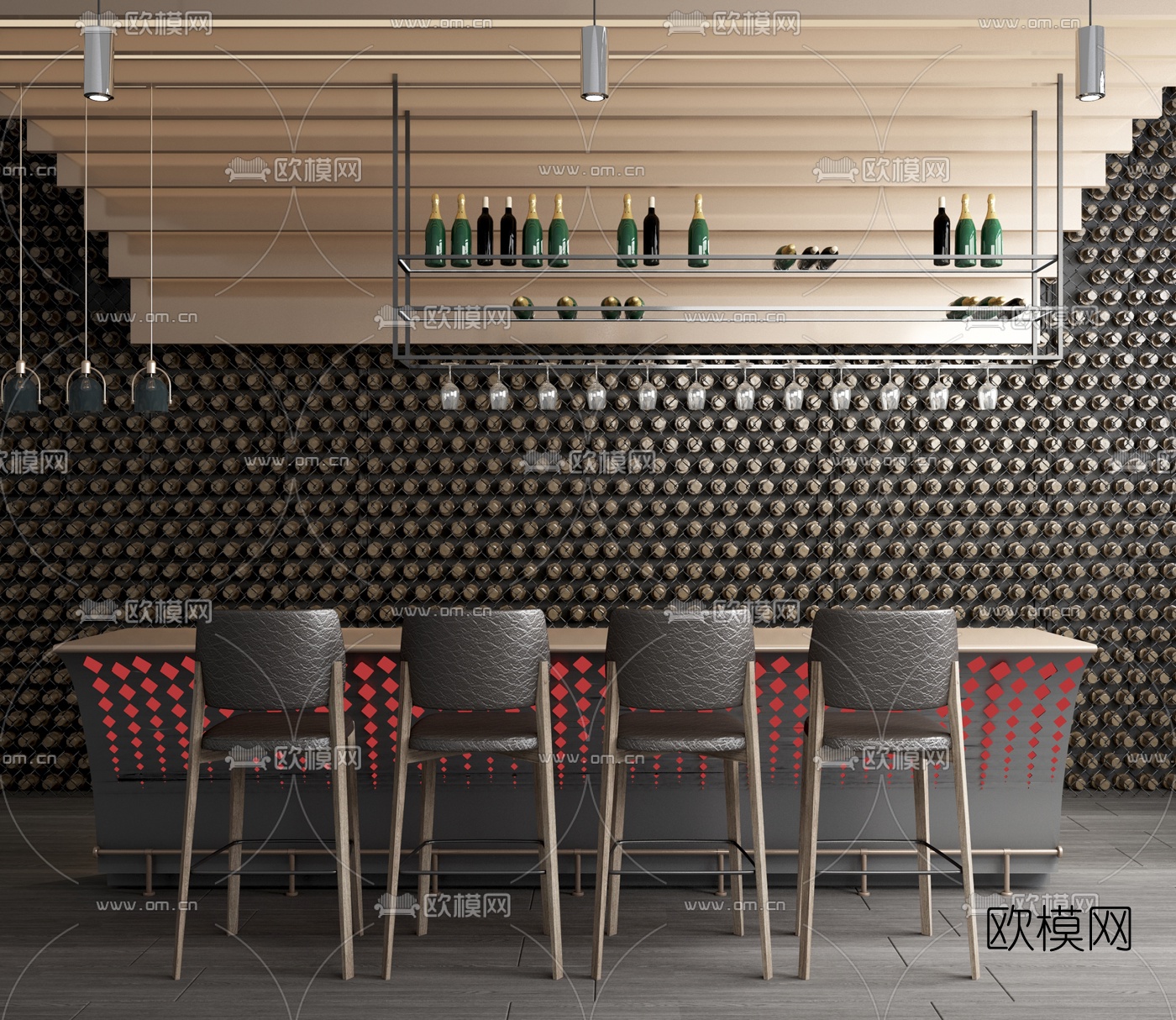 工业风吧台吧椅酒架3d模型下载