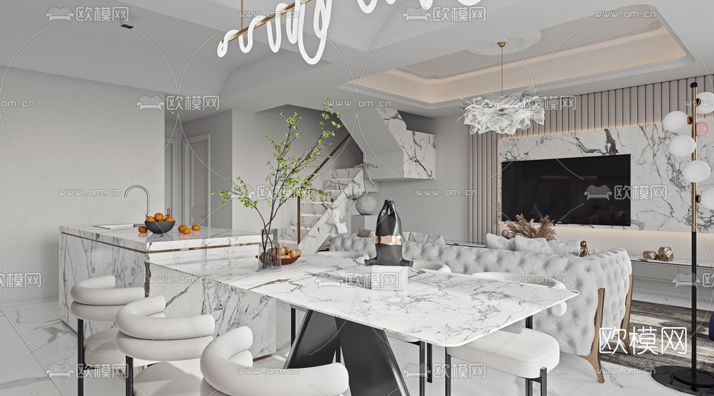 简欧复式轻奢客厅餐厅3d模型下载（渲染图6）