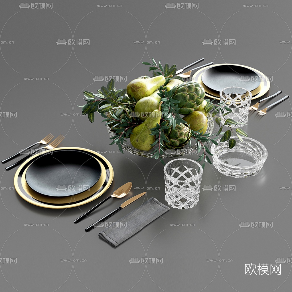 现代水果梨西餐餐具3d模型下载（渲染图2）