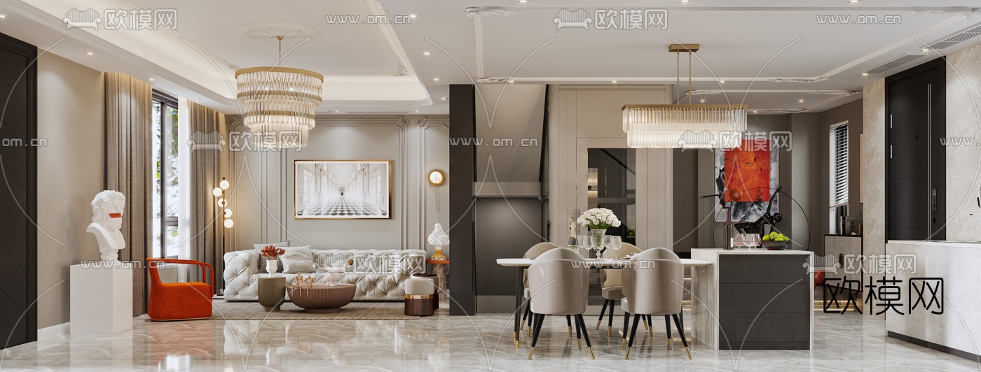 后现代轻奢客厅餐厅3d模型