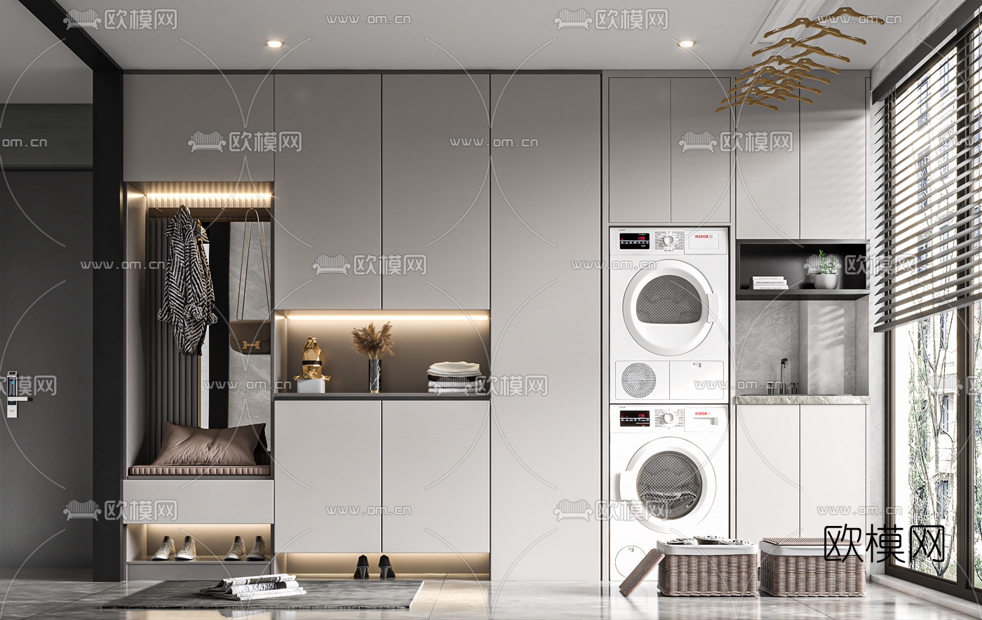 现代嵌入式鞋柜洗衣机柜3d模型下载
